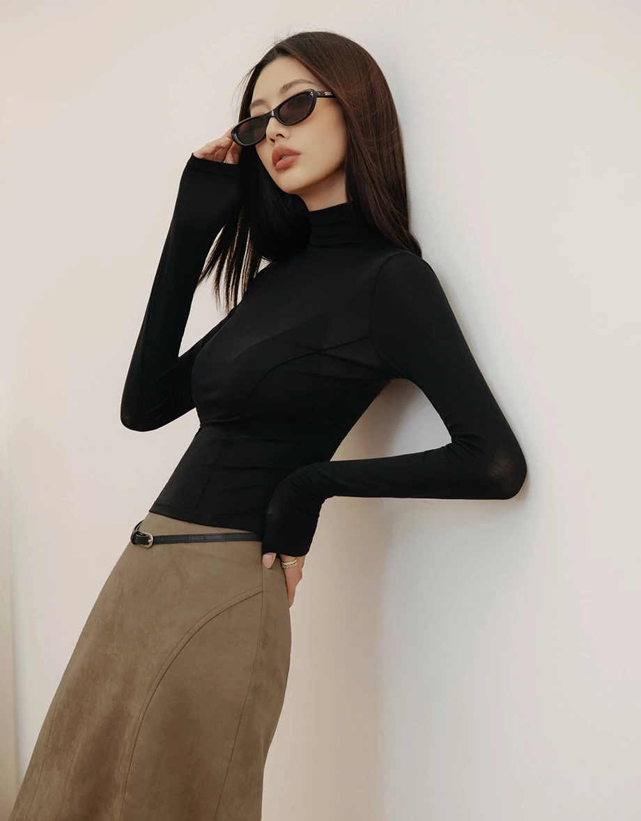 【IHUA Deisgn】High Waist Back Slit Midi Skirt (Faux Leather / Faux Suede)