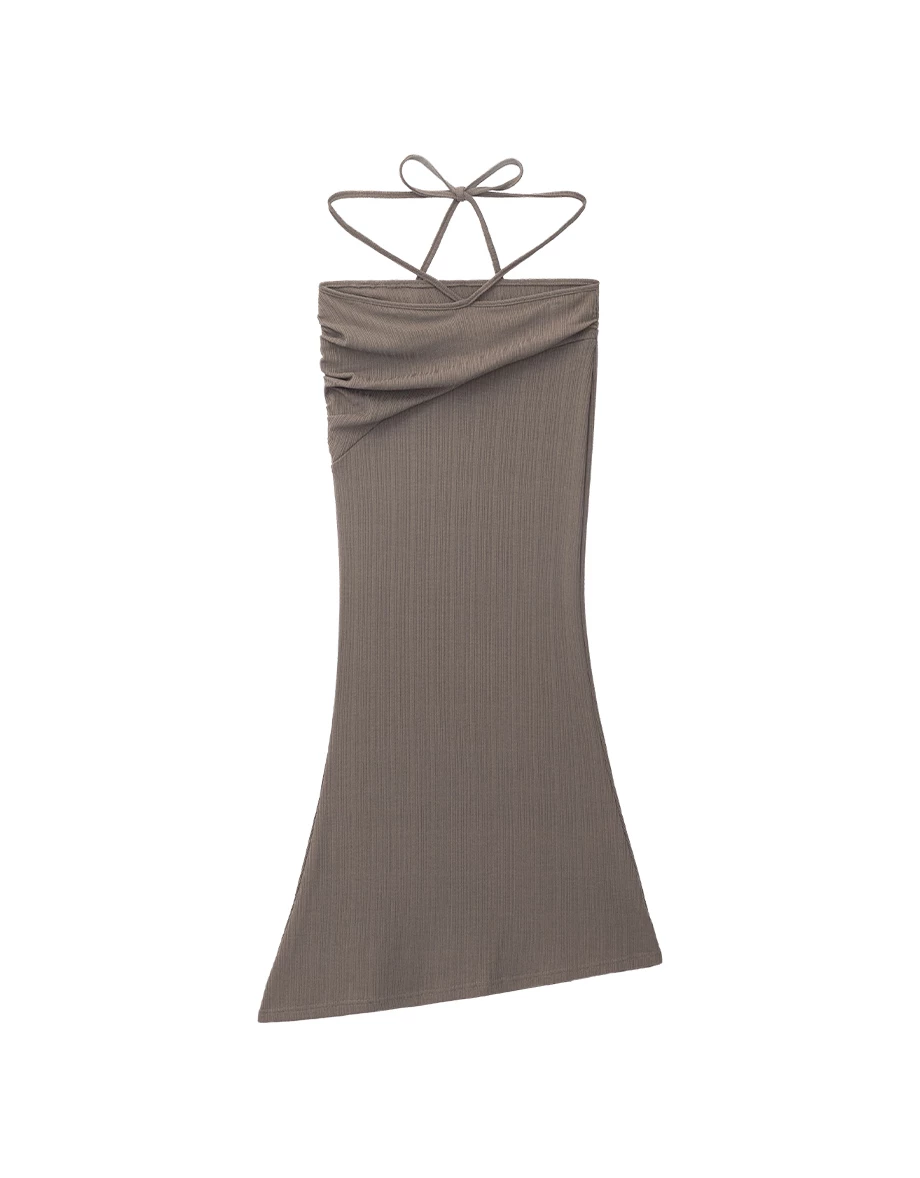 Cross Waist Tie Asymmetric Ruched Ribbed Knit Maxi Skirt
