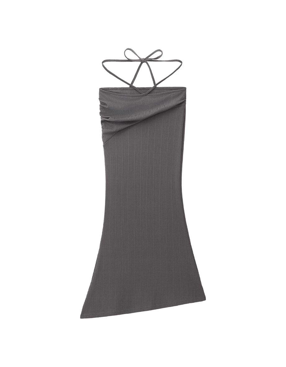 Cross Waist Tie Asymmetric Ruched Ribbed Knit Maxi Skirt