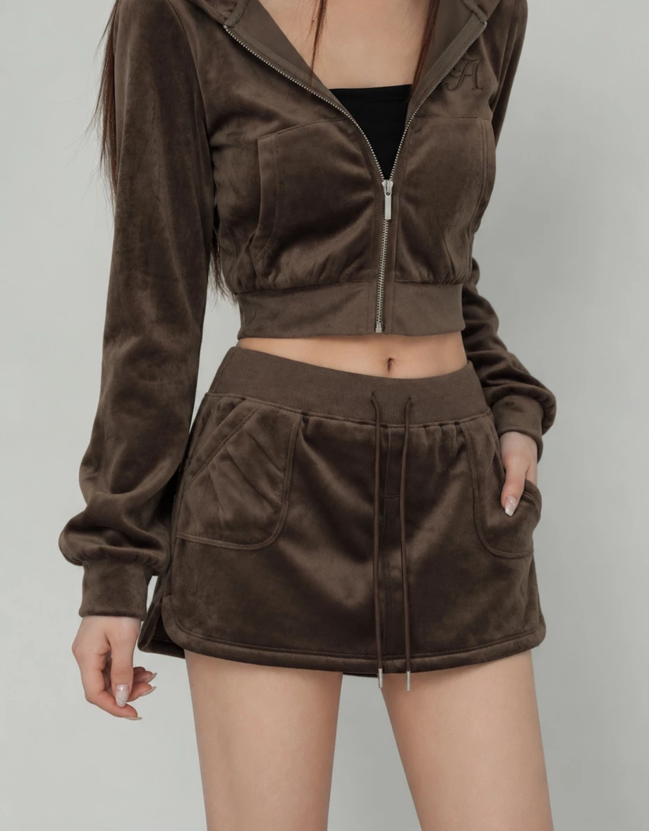 Drawstring Waist Velour Patch Pocket Mini Skirt Drawstring Waist Velour Patch Pocket Mini Skirt