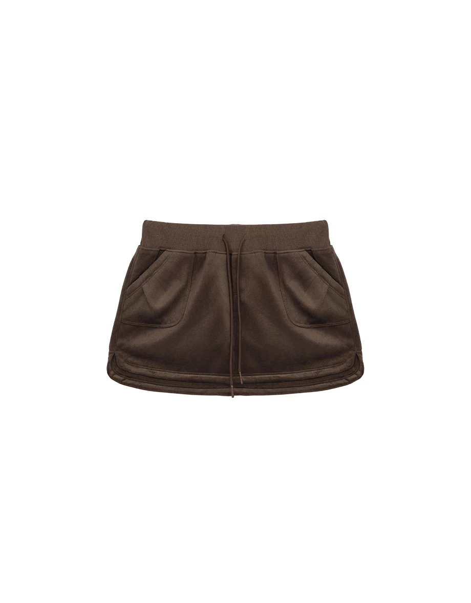Drawstring Waist Velour Patch Pocket Mini Skirt