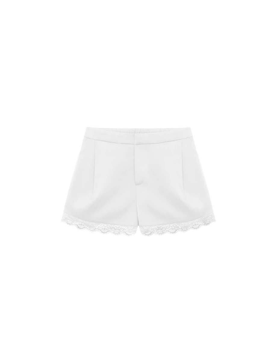 Lace Trim Pleated Tailored Shorts with Pockets