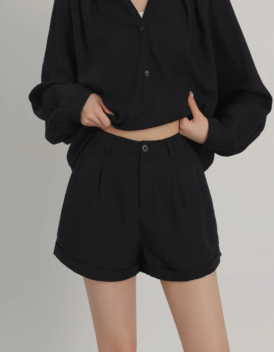 High Waist Pleated Rolled Hem Elastic Back Tailored Shorts