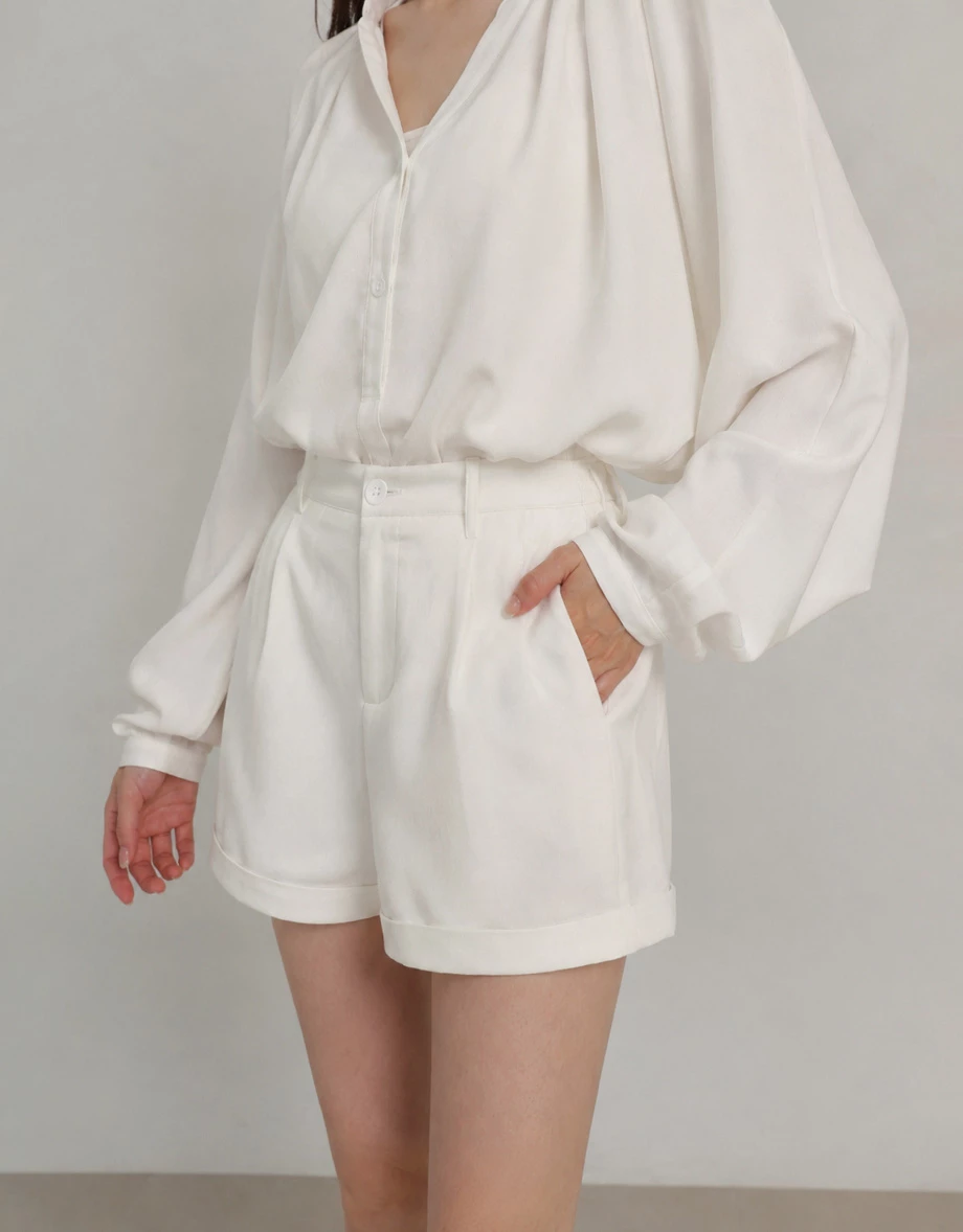 High Waist Pleated Rolled Hem Elastic Back Tailored Shorts