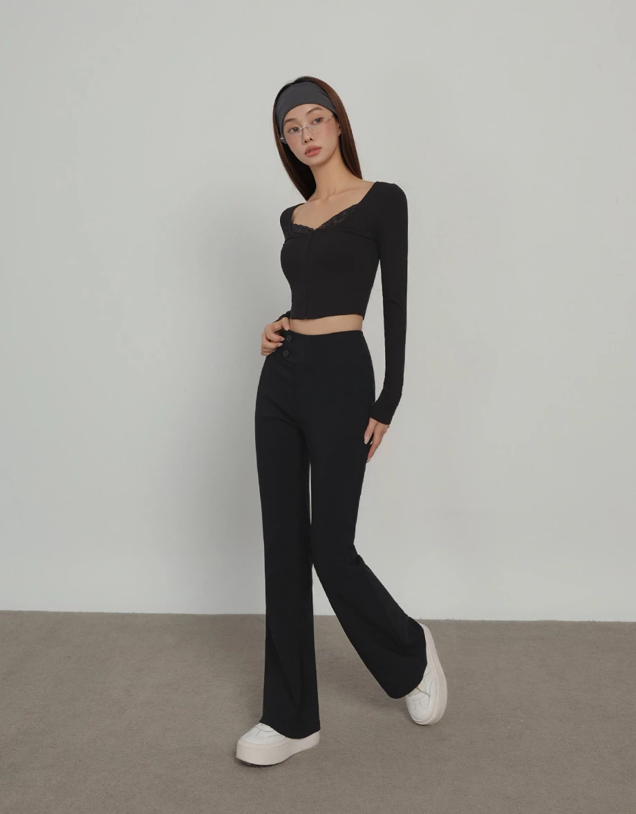 Asymmetric Double Button Waistband Flared Trousers Asymmetric Double Button Waistband Flared Trousers