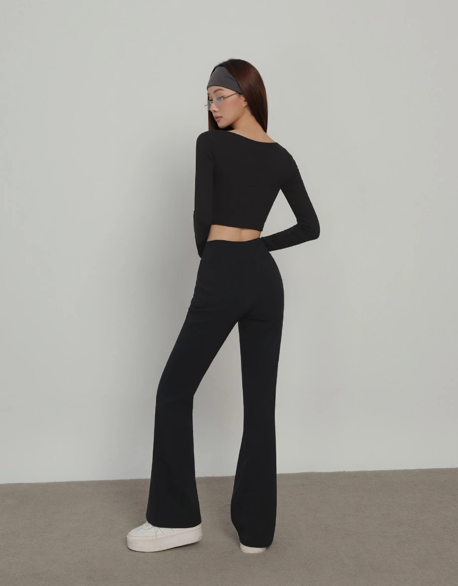 Asymmetric Double Button Waistband Flared Trousers Asymmetric Double Button Waistband Flared Trousers