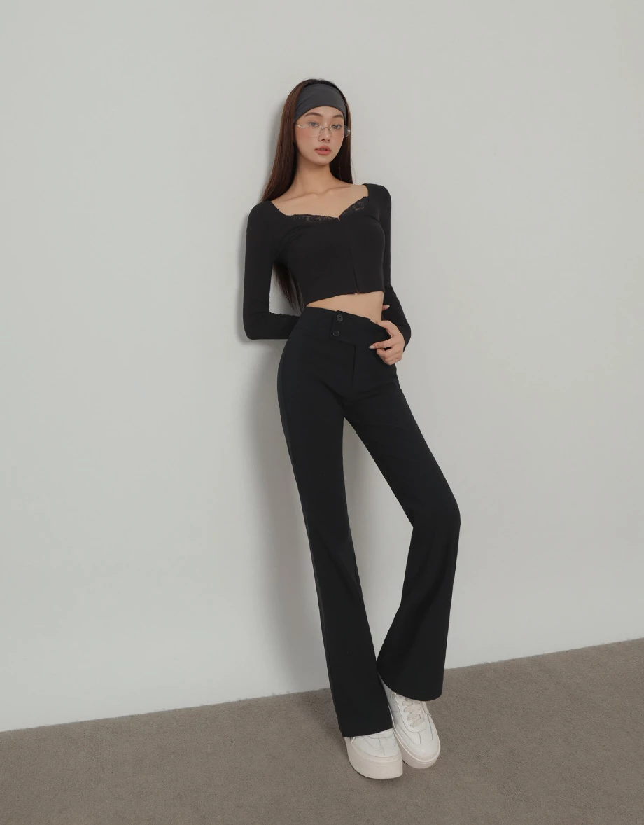 Asymmetric Double Button Waistband Flared Trousers Asymmetric Double Button Waistband Flared Trousers
