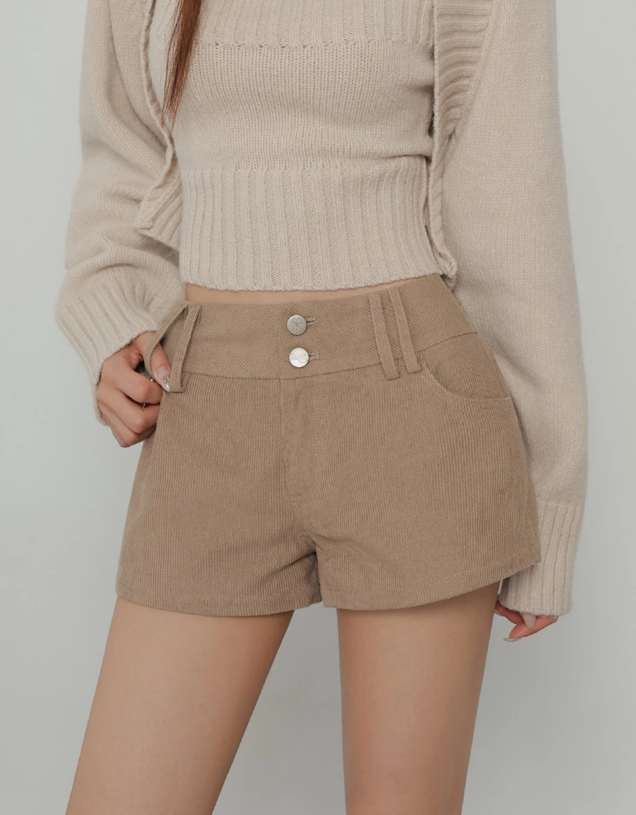 Double Button Corduroy Wide Waistband Fitted Shorts Double Button Corduroy Wide Waistband Fitted Shorts