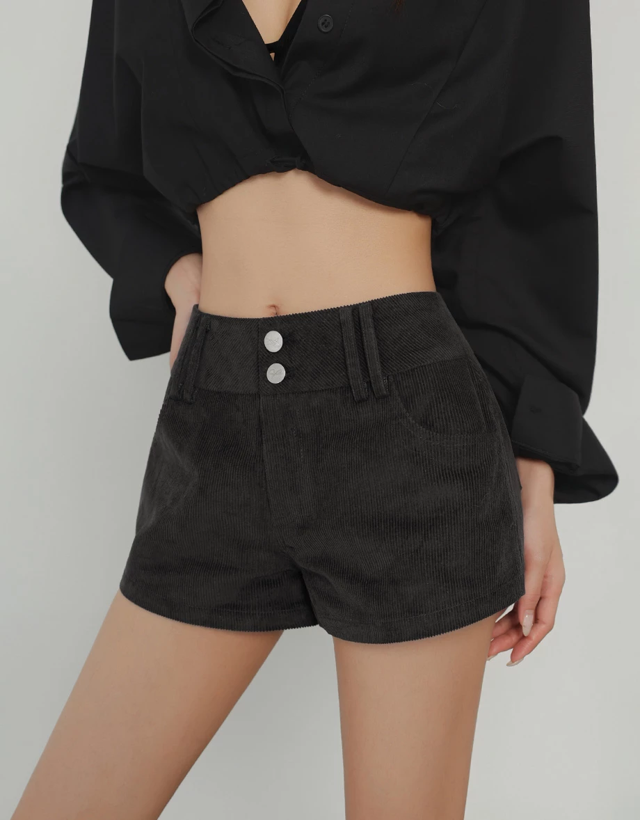 Double Button Corduroy Wide Waistband Fitted Shorts