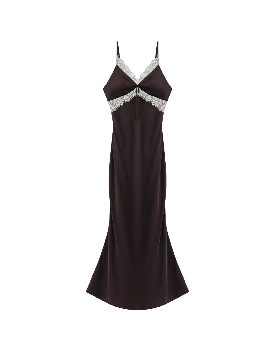 【IHUA Deisgn】V Neck Contrast Lace Trim Backless Padded Satin Maxi Dress 【IHUA Deisgn】V Neck Contrast Lace Trim Backless Padded Satin Maxi Dress