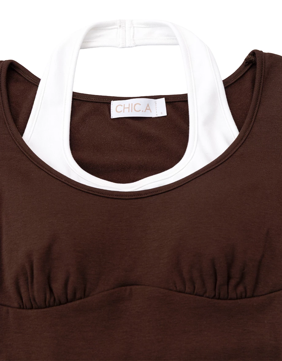 【Heat Tech】Faux 2 Piece Contrast Halter Layered Side Ruched Padded Mini Dress