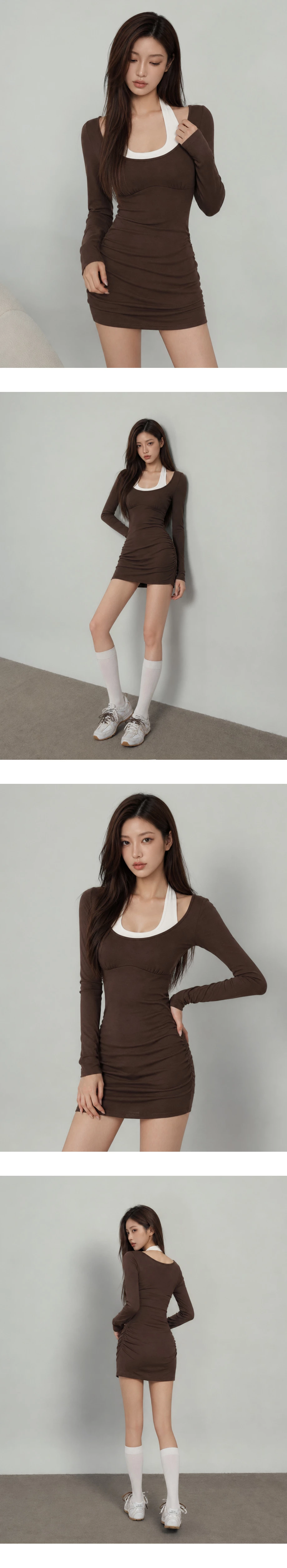 【Heat Tech】Faux 2 Piece Contrast Halter Layered Side Ruched Padded Mini Dress