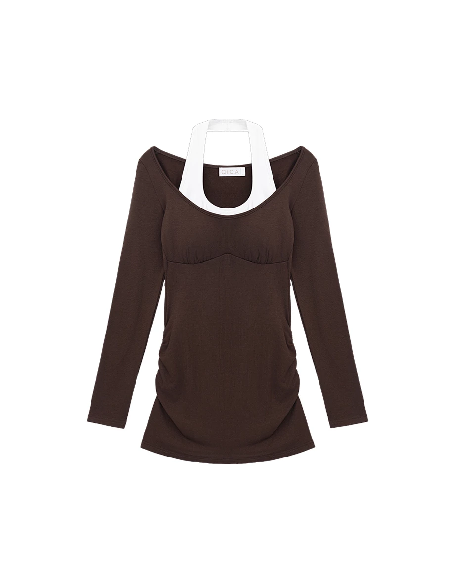 【Heat Tech】Faux 2 Piece Contrast Halter Layered Side Ruched Padded Mini Dress