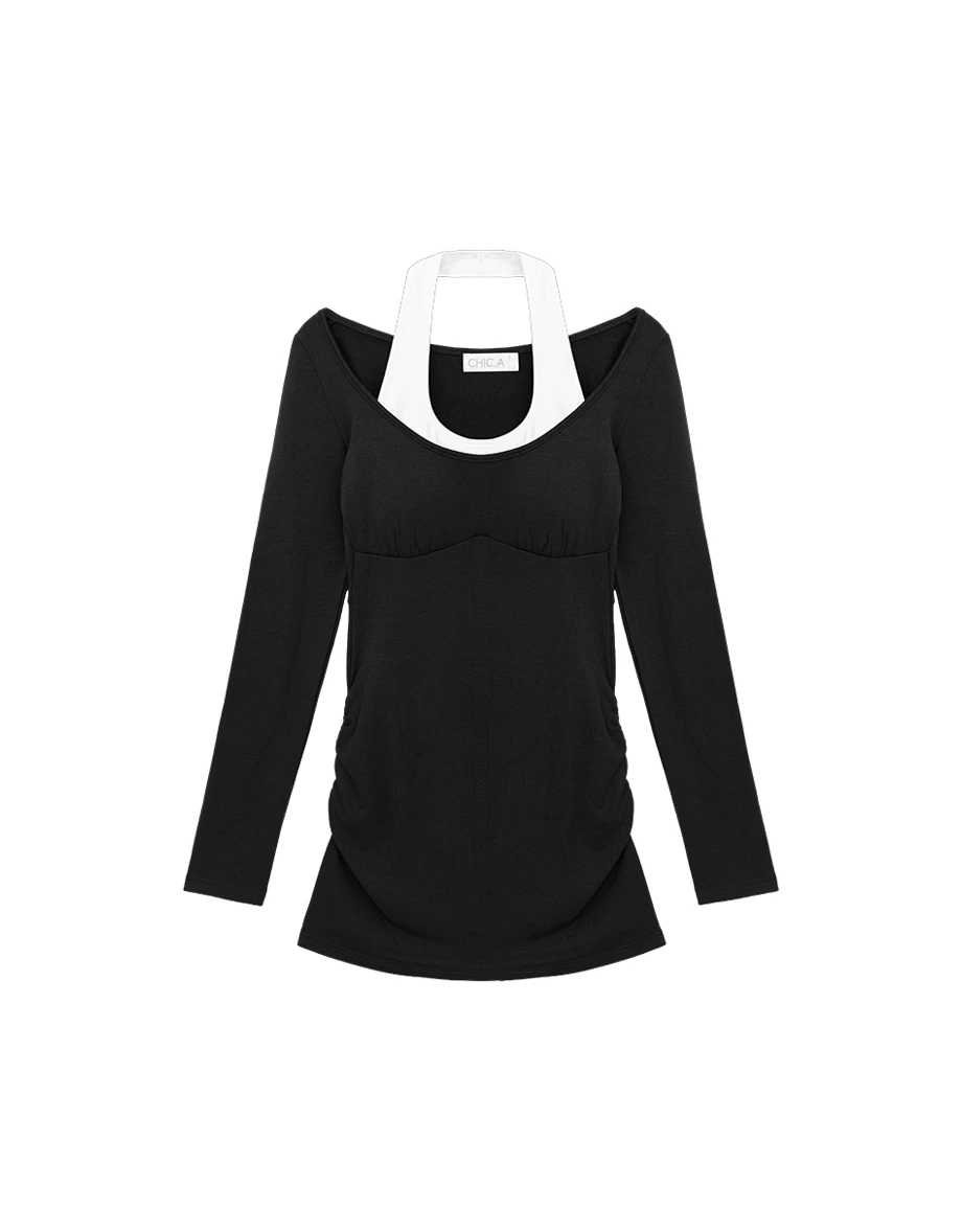 【Heat Tech】Faux 2 Piece Contrast Halter Layered Side Ruched Padded Mini Dress