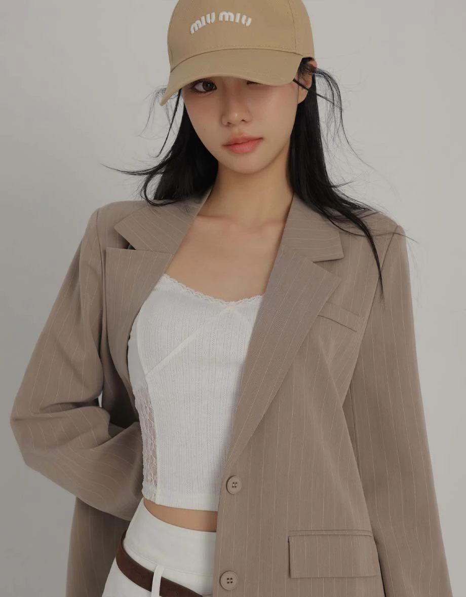 直條紋雙扣寬版西裝外套(附墊肩)