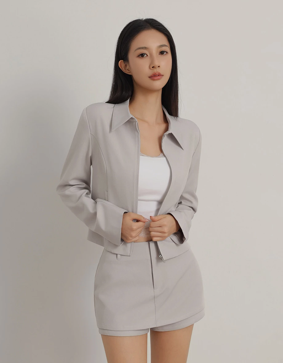翻領拉鍊長袖外套(附墊肩)