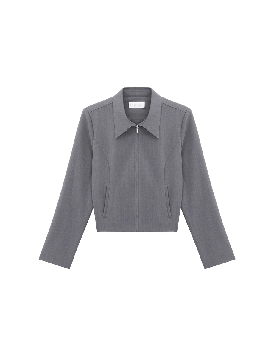 Tailored Collared Zip Up Cropped Jacket (with Shoulder Pads) Tailored Collared Zip Up Cropped Jacket (with Shoulder Pads)