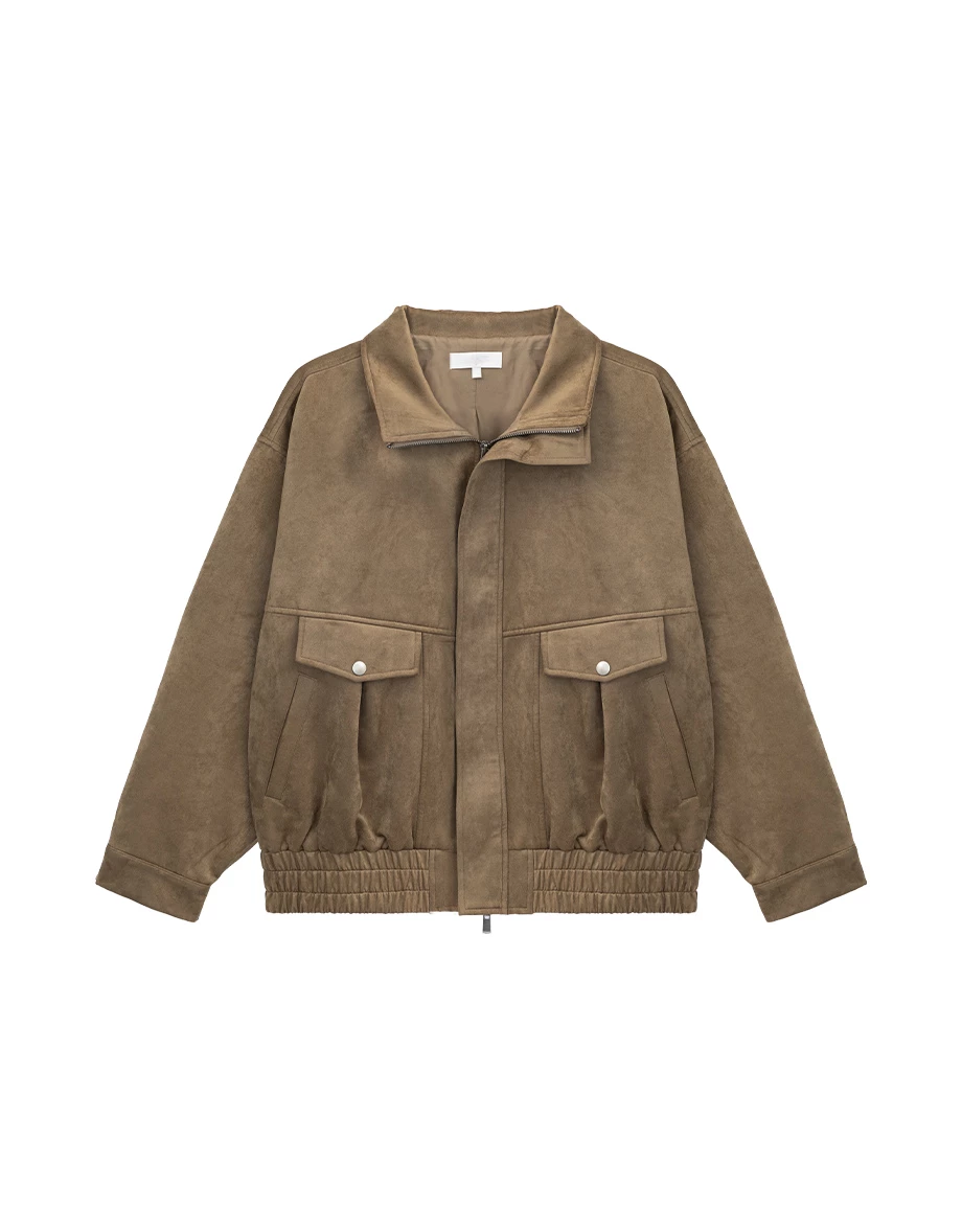 【IHUA Deisgn】Stand Collar Double Pocket Elastic Hem Zip Up Jacket (Twill / Faux Suede) 【IHUA Deisgn】Stand Collar Double Pocket Elastic Hem Zip Up Jacket (Twill / Faux Suede)