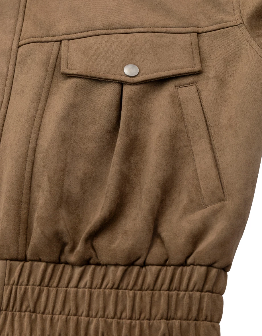 【IHUA Deisgn】Stand Collar Double Pocket Elastic Hem Zip Up Jacket (Twill / Faux Suede) 【IHUA Deisgn】Stand Collar Double Pocket Elastic Hem Zip Up Jacket (Twill / Faux Suede)