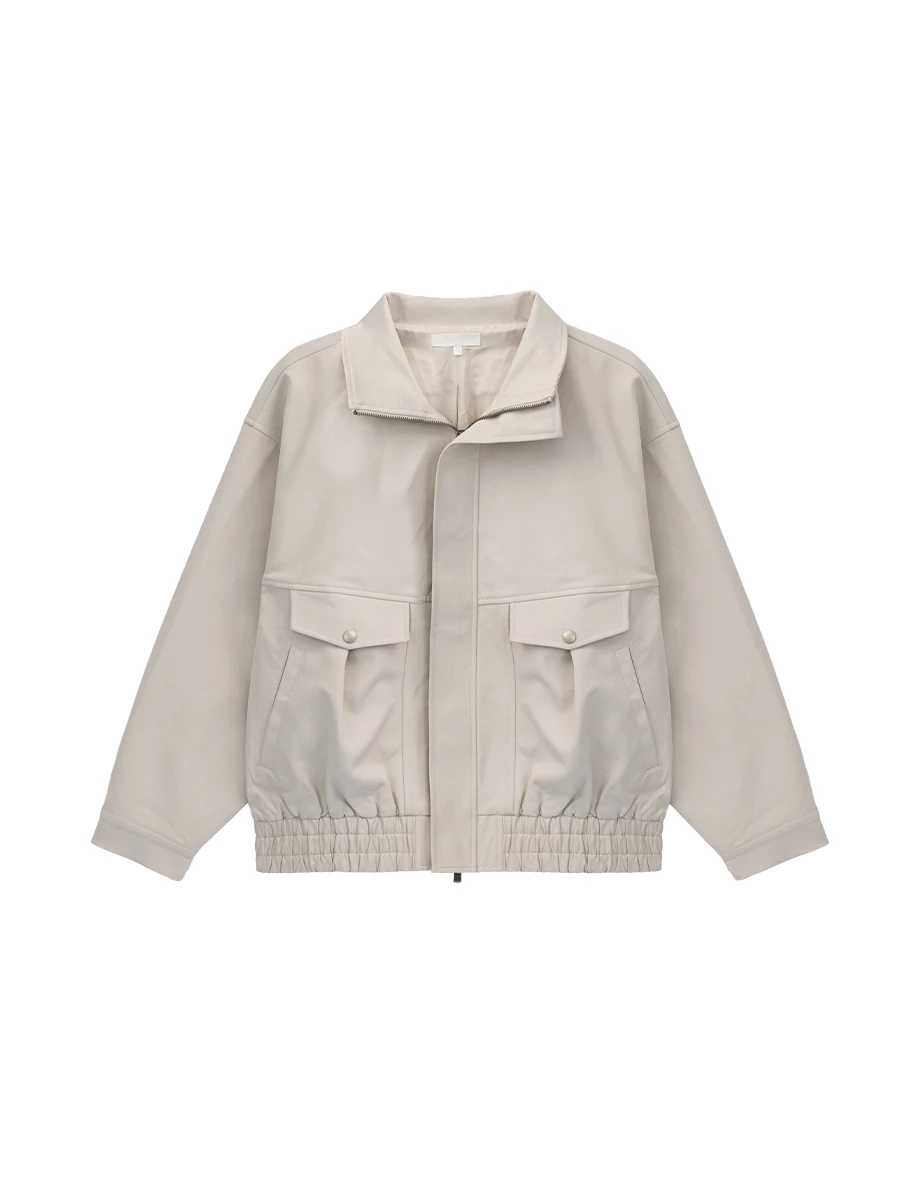 【IHUA Deisgn】Stand Collar Double Pocket Elastic Hem Zip Up Jacket (Twill / Faux Suede) 【IHUA Deisgn】Stand Collar Double Pocket Elastic Hem Zip Up Jacket (Twill / Faux Suede)