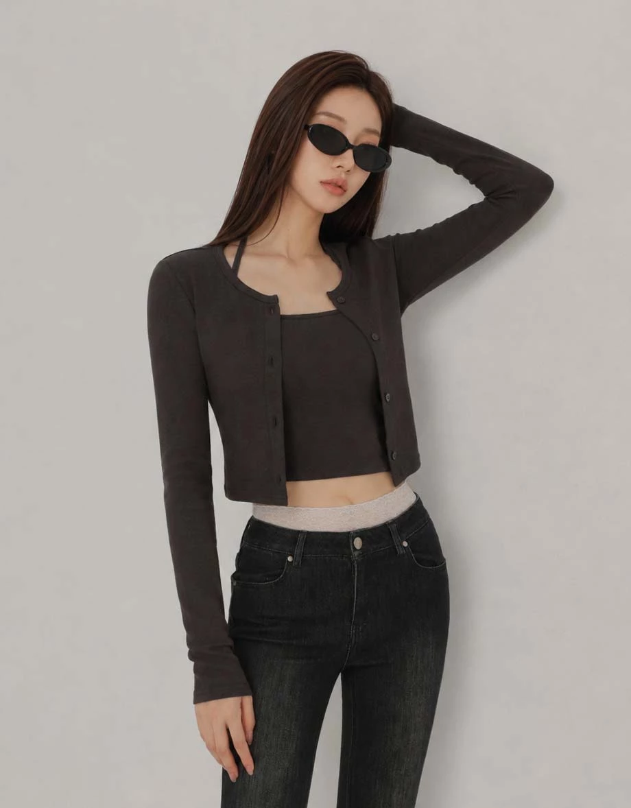 Button Front Long Sleeve Cardigan and Halter Neck Cami Bra Top Set Wear Button Front Long Sleeve Cardigan and Halter Neck Cami Bra Top Set Wear