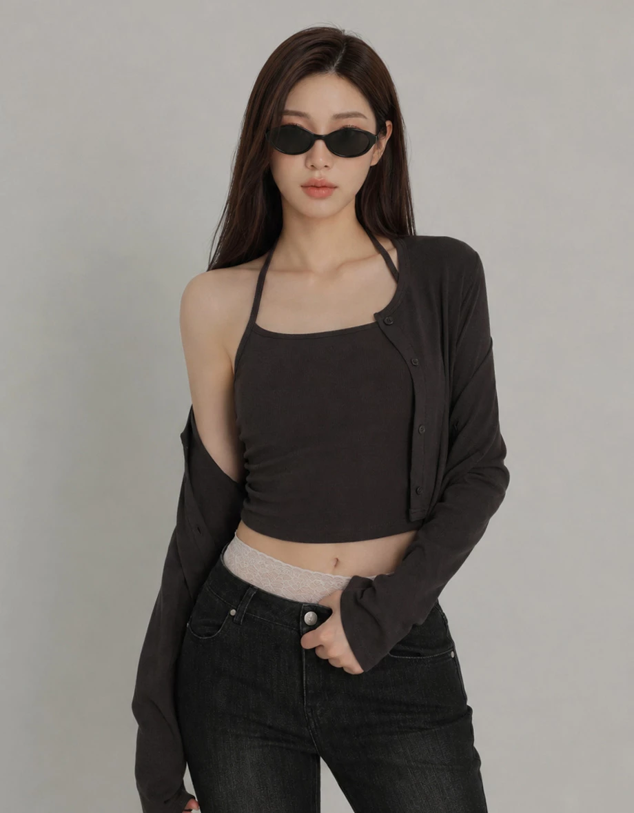 Button Front Long Sleeve Cardigan and Halter Neck Cami Bra Top Set Wear Button Front Long Sleeve Cardigan and Halter Neck Cami Bra Top Set Wear