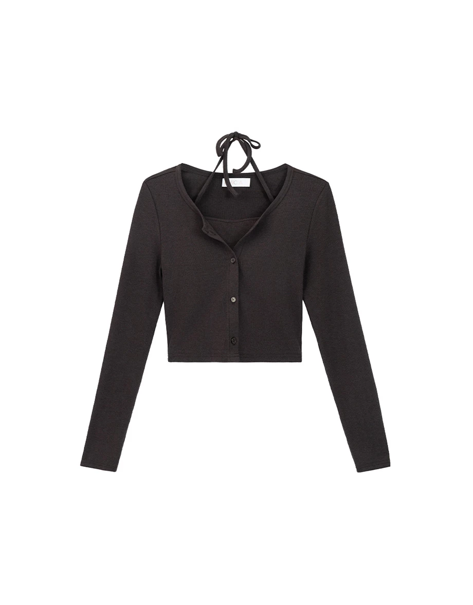 Button Front Long Sleeve Cardigan and Halter Neck Cami Bra Top Set Wear