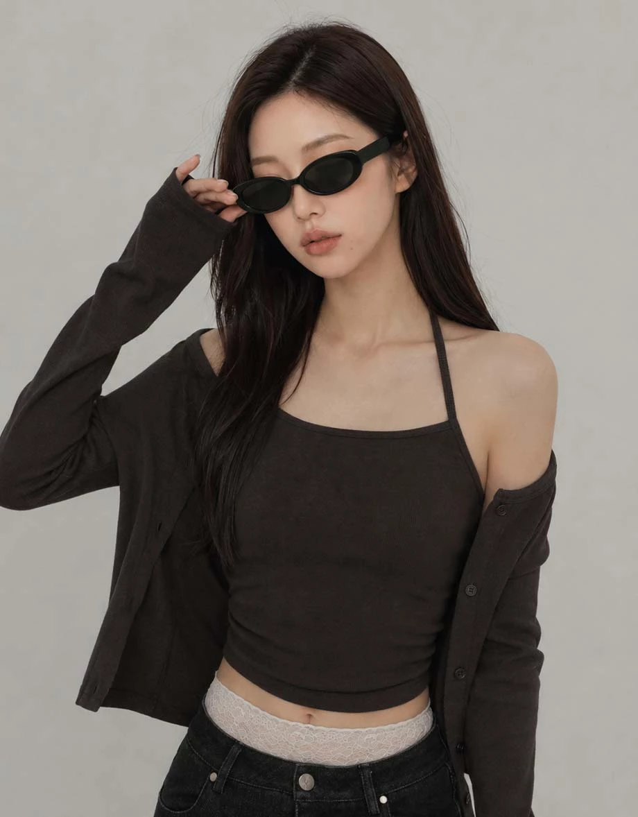 Button Front Long Sleeve Cardigan and Halter Neck Cami Bra Top Set Wear Button Front Long Sleeve Cardigan and Halter Neck Cami Bra Top Set Wear