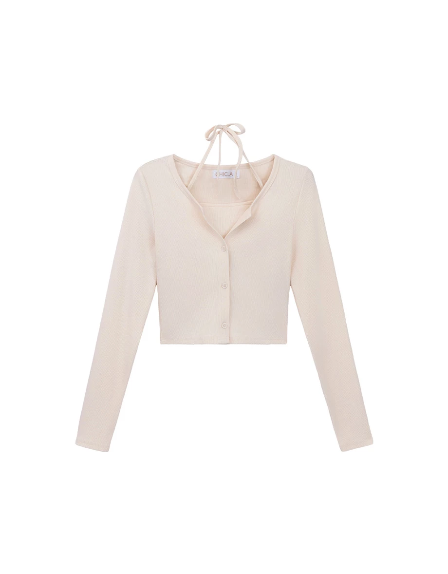 Button Front Long Sleeve Cardigan and Halter Neck Cami Bra Top Set Wear Button Front Long Sleeve Cardigan and Halter Neck Cami Bra Top Set Wear