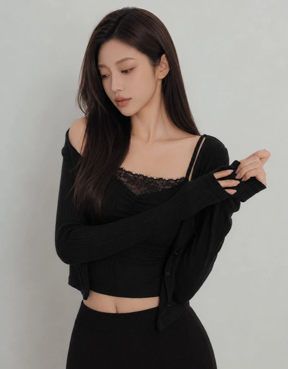 蕾絲 V領抓皺細肩帶背心長袖短版羅紋開襟衫套裝