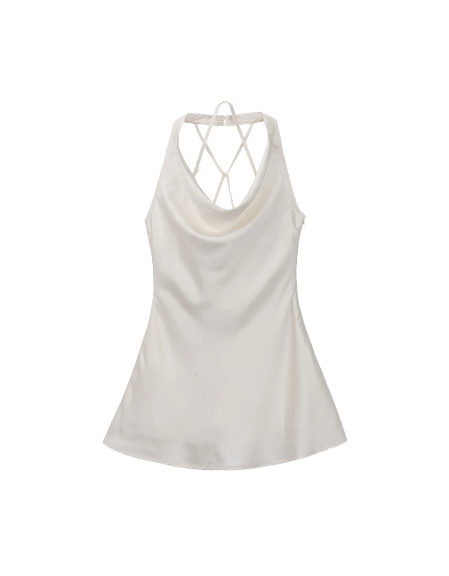 【IHUA Deisgn】Cowl Neck Halter Cross Back Padded Satin Cami Top and Matching Mini Short Set Wear