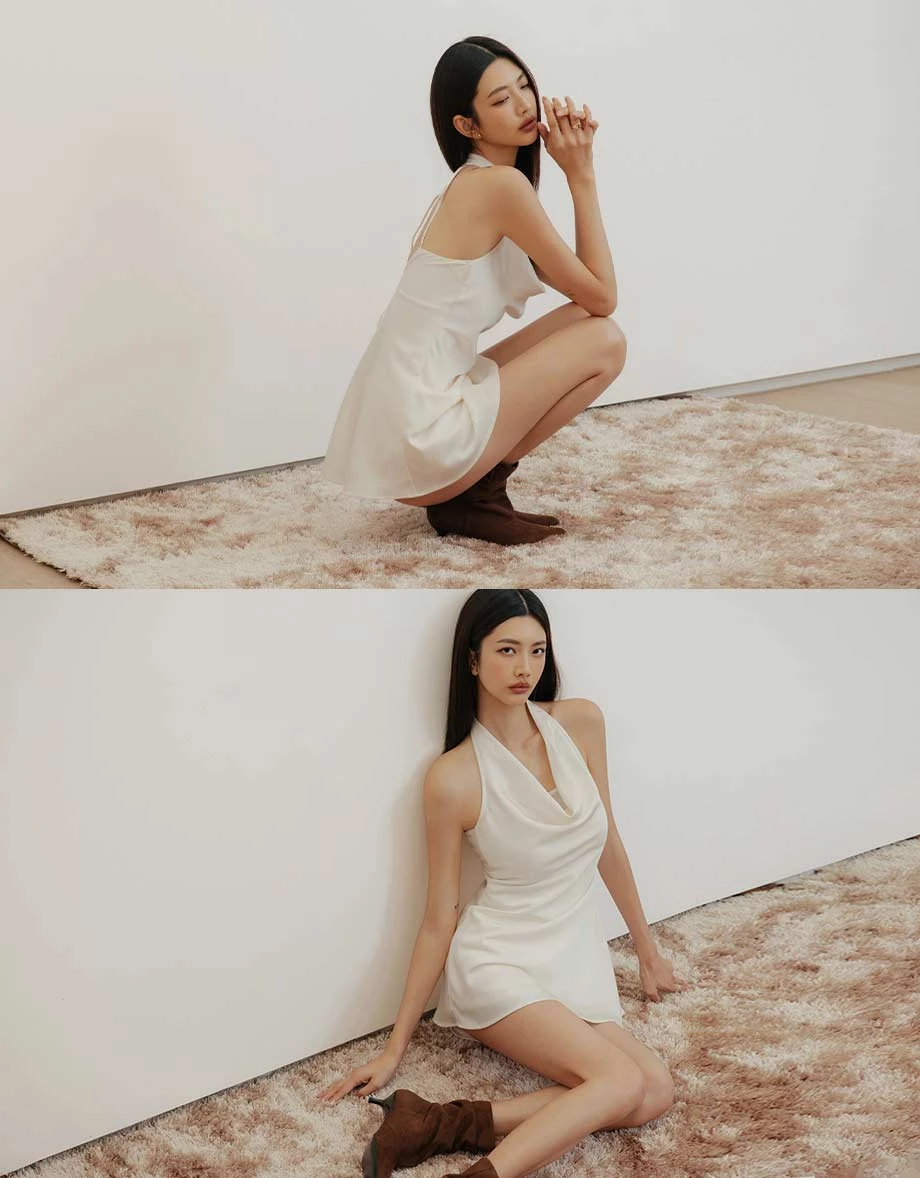 【IHUA Deisgn】Cowl Neck Halter Cross Back Padded Satin Cami Top and Matching Mini Short Set Wear 【IHUA Deisgn】Cowl Neck Halter Cross Back Padded Satin Cami Top and Matching Mini Short Set Wear