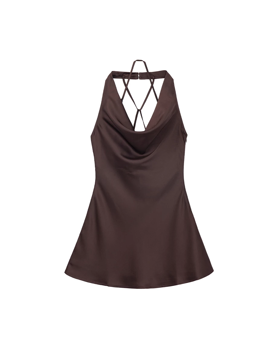 【IHUA Deisgn】Cowl Neck Halter Cross Back Padded Satin Cami Top and Matching Mini Short Set Wear 【IHUA Deisgn】Cowl Neck Halter Cross Back Padded Satin Cami Top and Matching Mini Short Set Wear