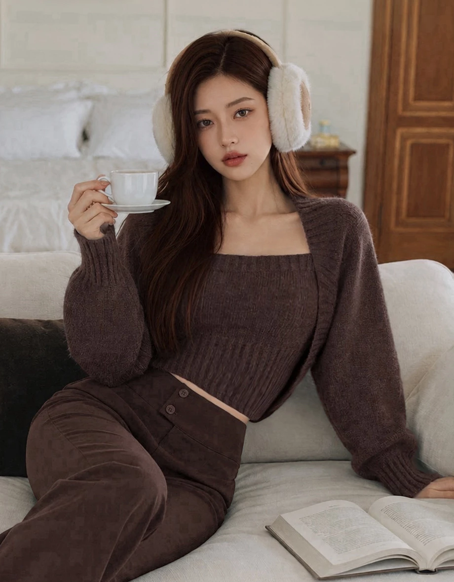 Long Sleeve Open Front Shrug and Ribbed Trim Crop Knit Tank Top Set Wear