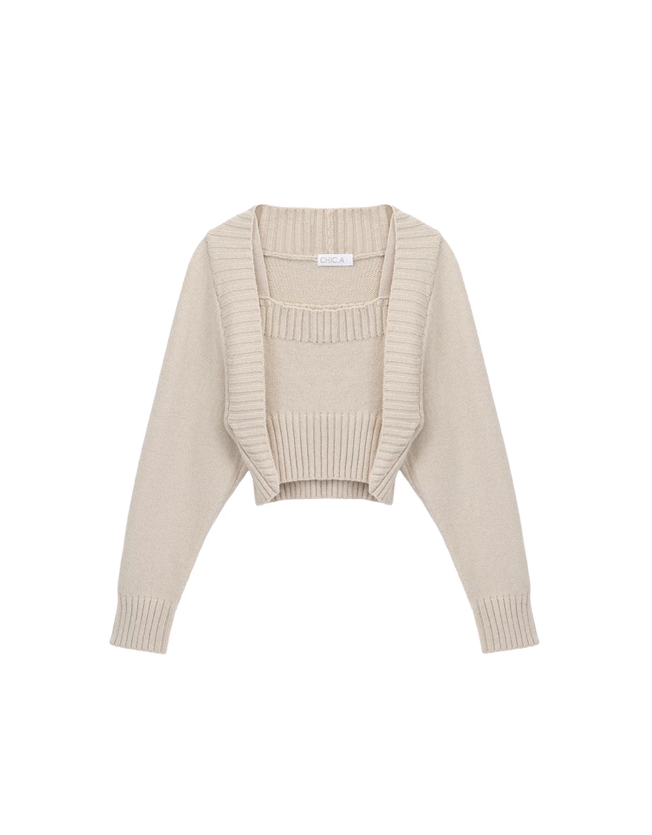 Long Sleeve Open Front Shrug and Ribbed Trim Crop Knit Tank Top Set Wear