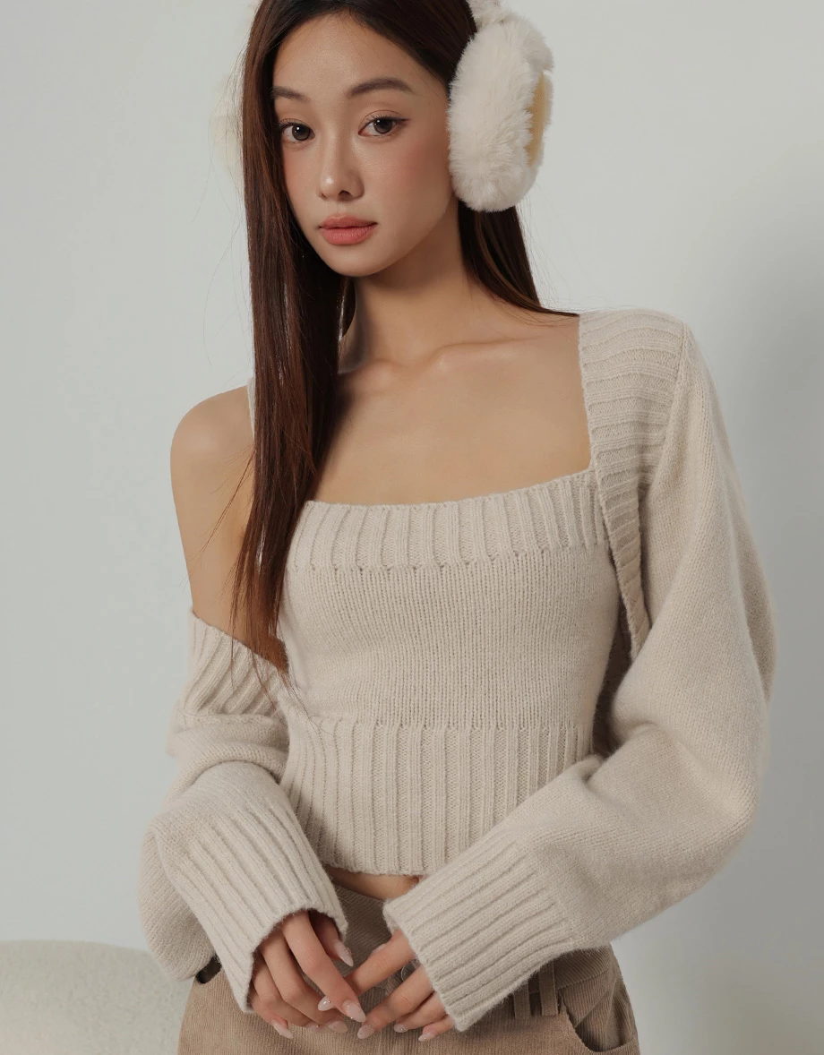 Long Sleeve Open Front Shrug and Ribbed Trim Crop Knit Tank Top Set Wear