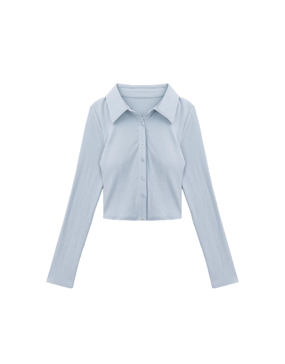 【IHUA Deisgn】Lapel Ribbed Crop Shirt Blouse and Lace Trim Bralette Set Wear