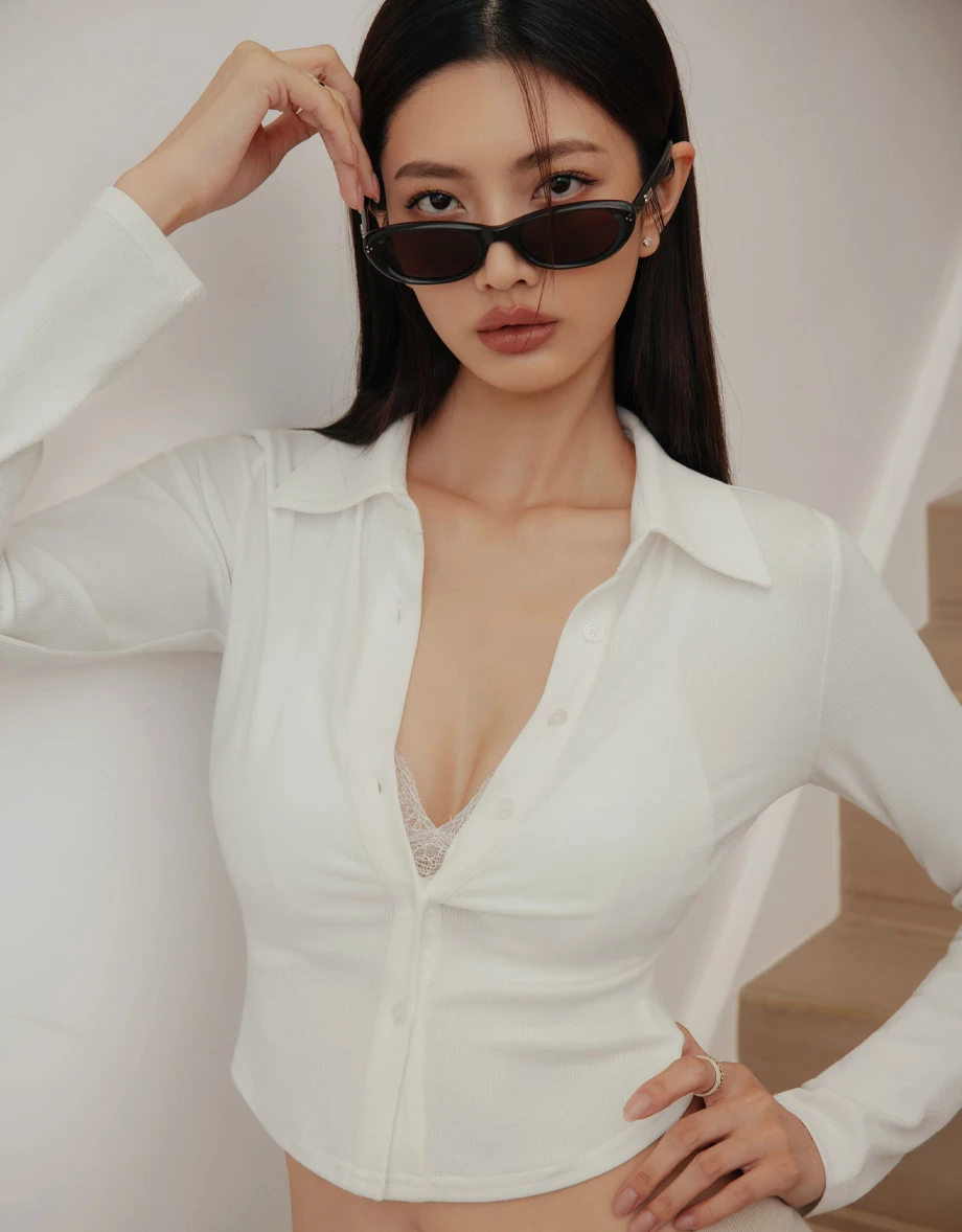 【IHUA Deisgn】Lapel Ribbed Crop Shirt Blouse and Lace Trim Bralette Set Wear