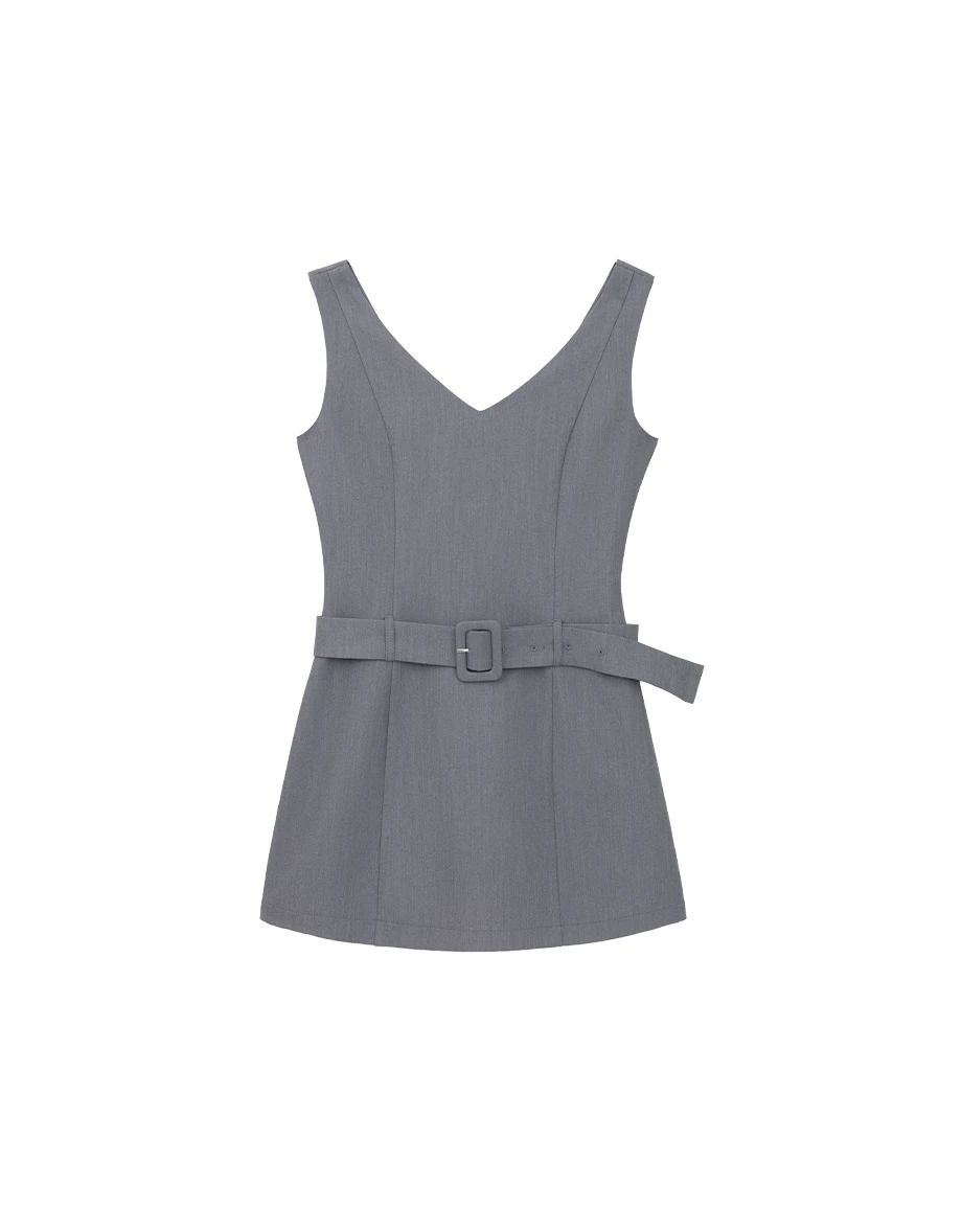 V Neck Belted Tailored A Line Mini Romper Dress