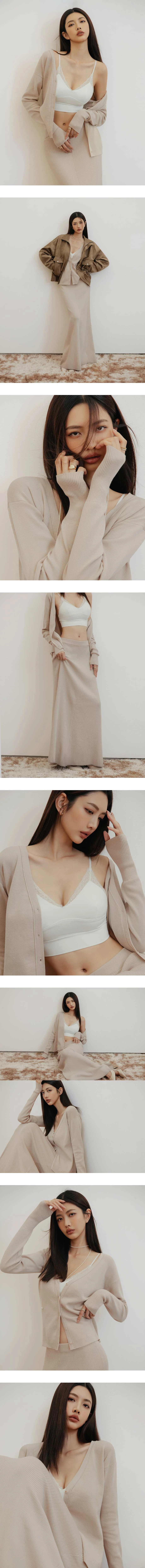 【IHUA Deisgn】V Neck Button Front Logo Embroidered Ribbed Knit Cardigan
