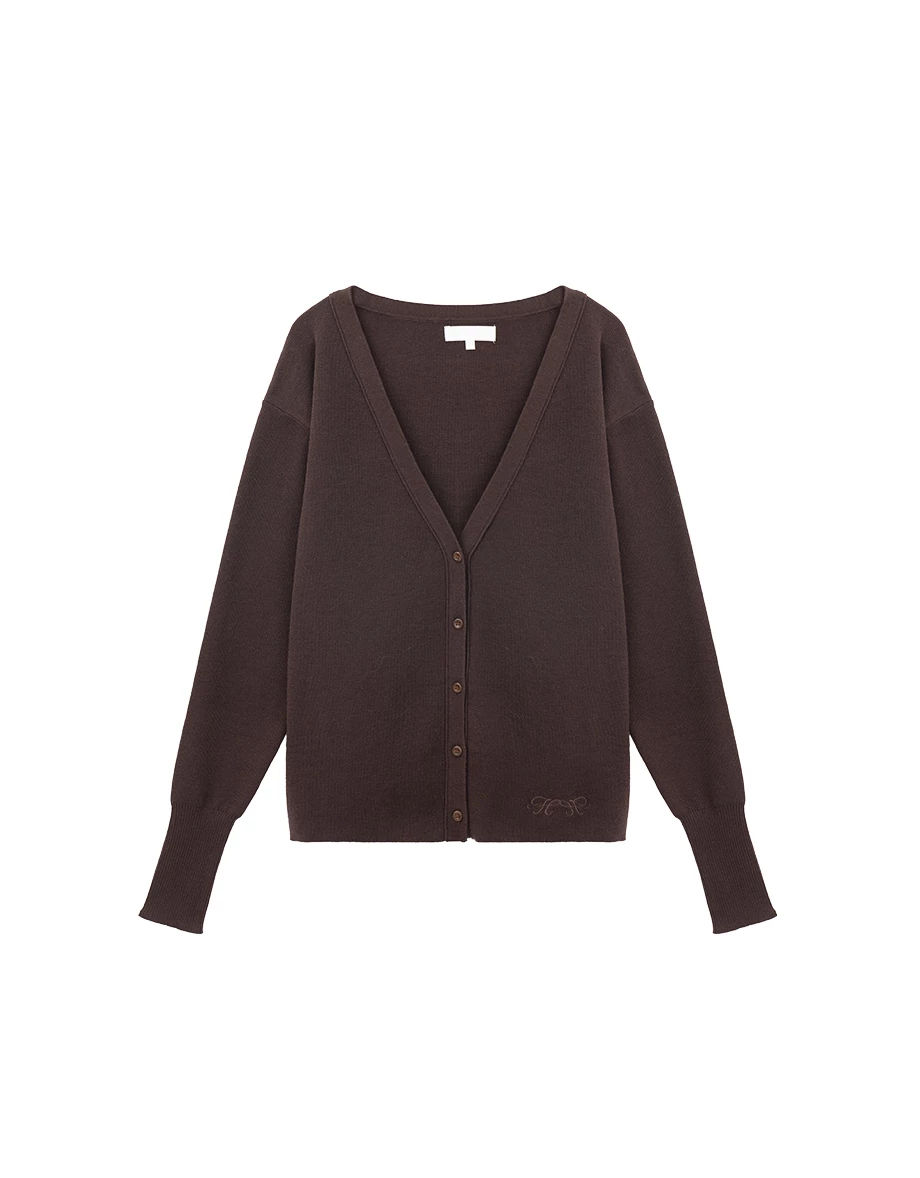 【IHUA Deisgn】V Neck Button Front Logo Embroidered Ribbed Knit Cardigan
