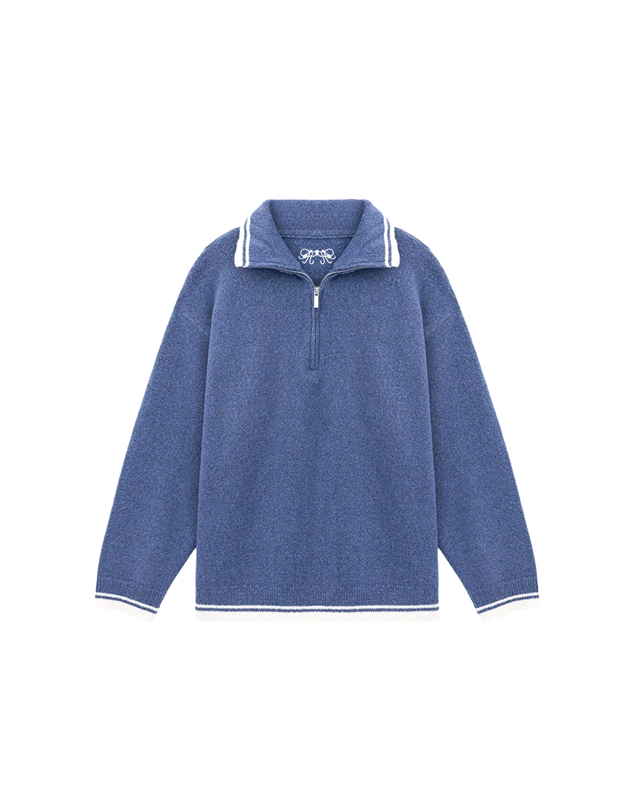 【IHUA Deisgn】Contrast Trim Half Zip Collared Knit Sweater