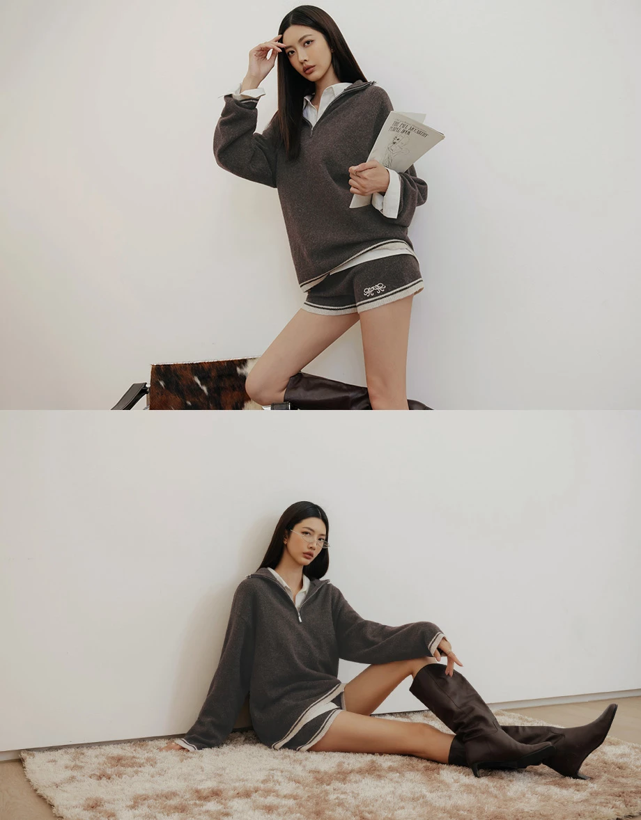 【IHUA Deisgn】Contrast Trim Half Zip Collared Knit Sweater 【IHUA Deisgn】Contrast Trim Half Zip Collared Knit Sweater