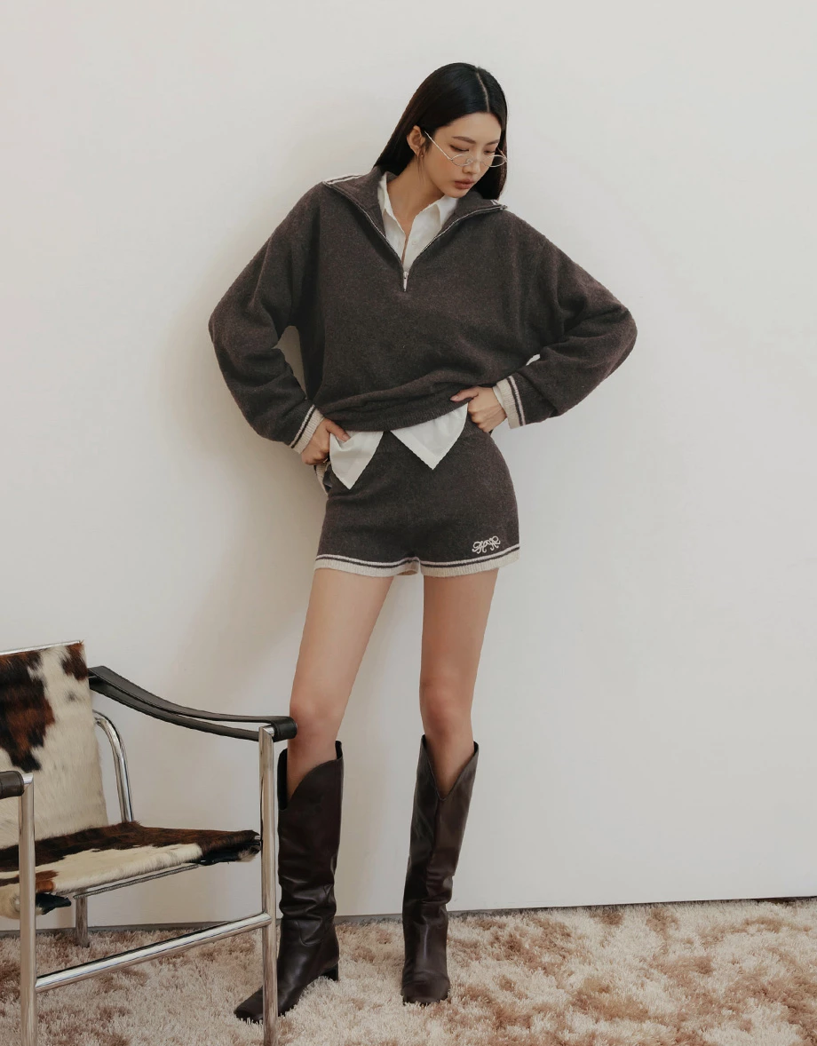 【IHUA Deisgn】Contrast Trim Half Zip Collared Knit Sweater