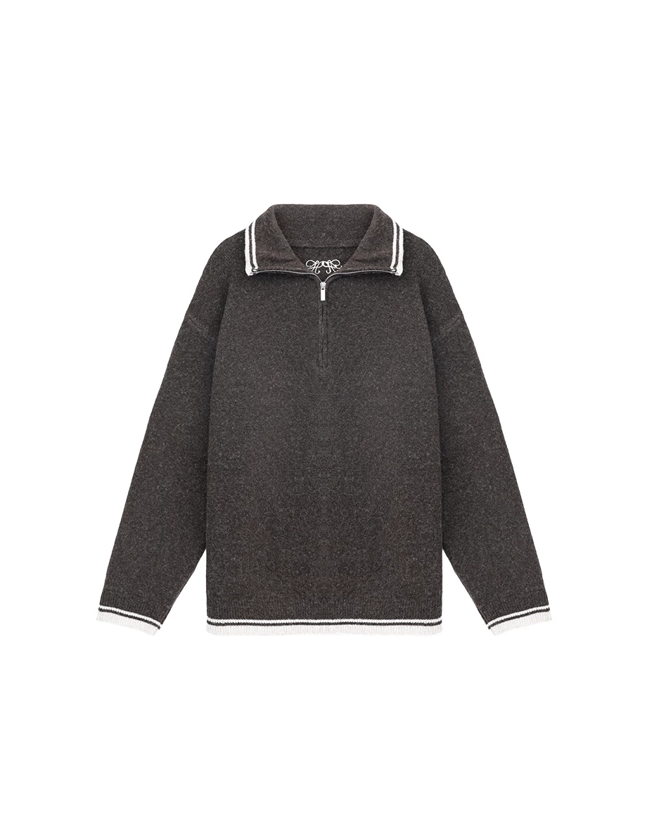 【IHUA Deisgn】Contrast Trim Half Zip Collared Knit Sweater