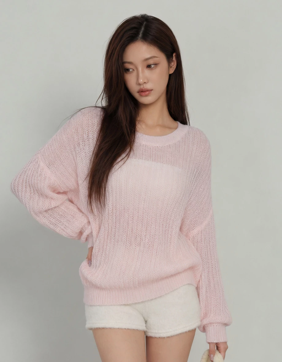 Sheer Open Knit Drop Shoulder Oversized Crew Neck Sweater Sheer Open Knit Drop Shoulder Oversized Crew Neck Sweater