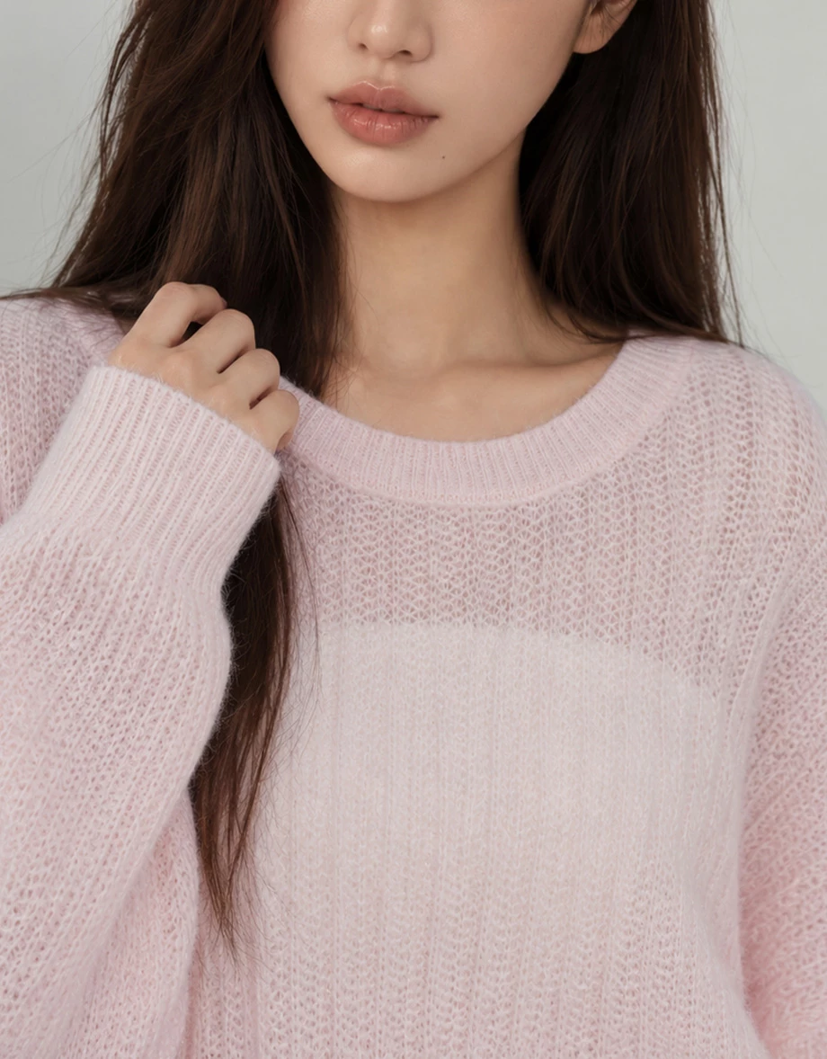 Sheer Open Knit Drop Shoulder Oversized Crew Neck Sweater Sheer Open Knit Drop Shoulder Oversized Crew Neck Sweater
