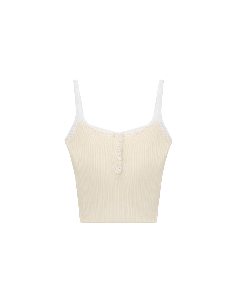 Contrast Lace Trim Henley Button Padded Cami Bra Top Contrast Lace Trim Henley Button Padded Cami Bra Top