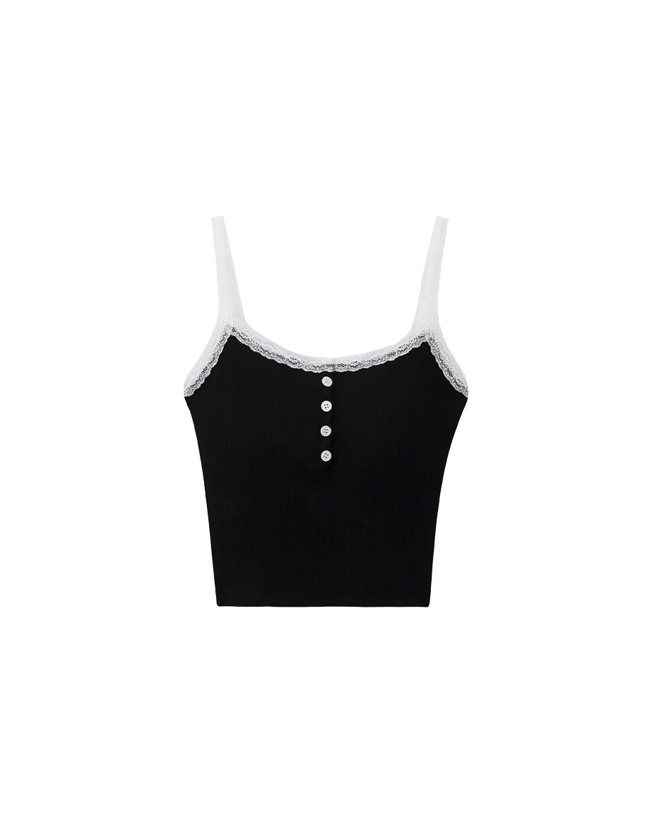 Contrast Lace Trim Henley Button Padded Cami Bra Top Contrast Lace Trim Henley Button Padded Cami Bra Top