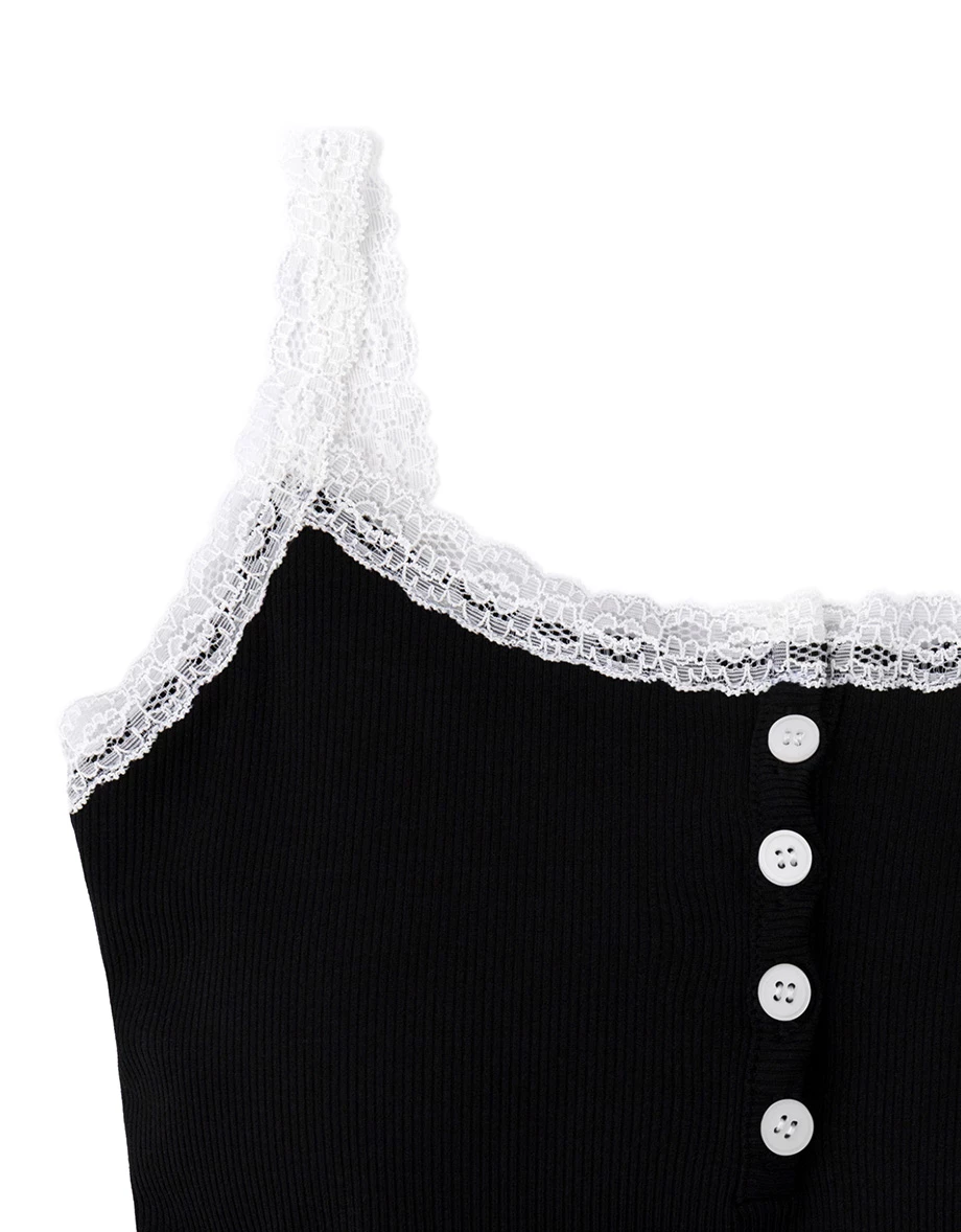 Contrast Lace Trim Henley Button Padded Cami Bra Top Contrast Lace Trim Henley Button Padded Cami Bra Top